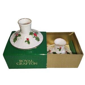 Royal Grafton-2 Fine English Bone China-Noel Holly Round Low Candle Holders